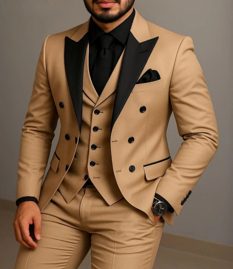 Beige double-breasted men's wedding suit with black lapel and slim fit, shown on a mannequin, by Showlu Fashion Store.