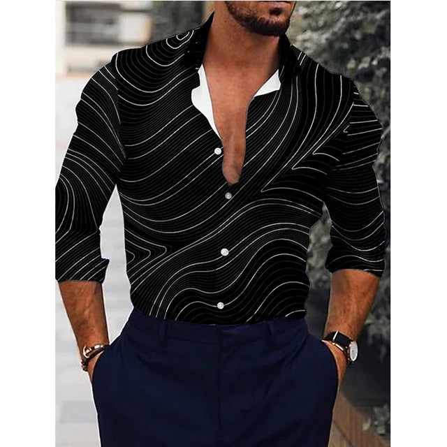 Men's Hawaiian piano luxury designer shirt by Showlu Fashion with floral 3D print, long sleeves, casual single-breasted style