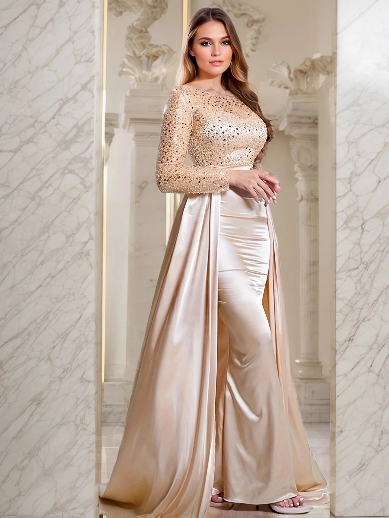 Sequin mermaid evening dress with detachable train by SHOWLU FASHION STORE, featuring shimmering sequins and a fitted silhouette.