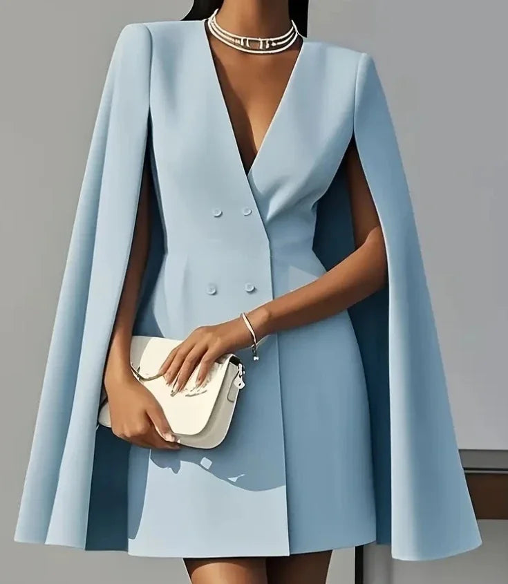 Solid color BOXDAQ women's V-neck double-breasted shawl cape mini dress, stylish and elegant for fashionable occasions.
