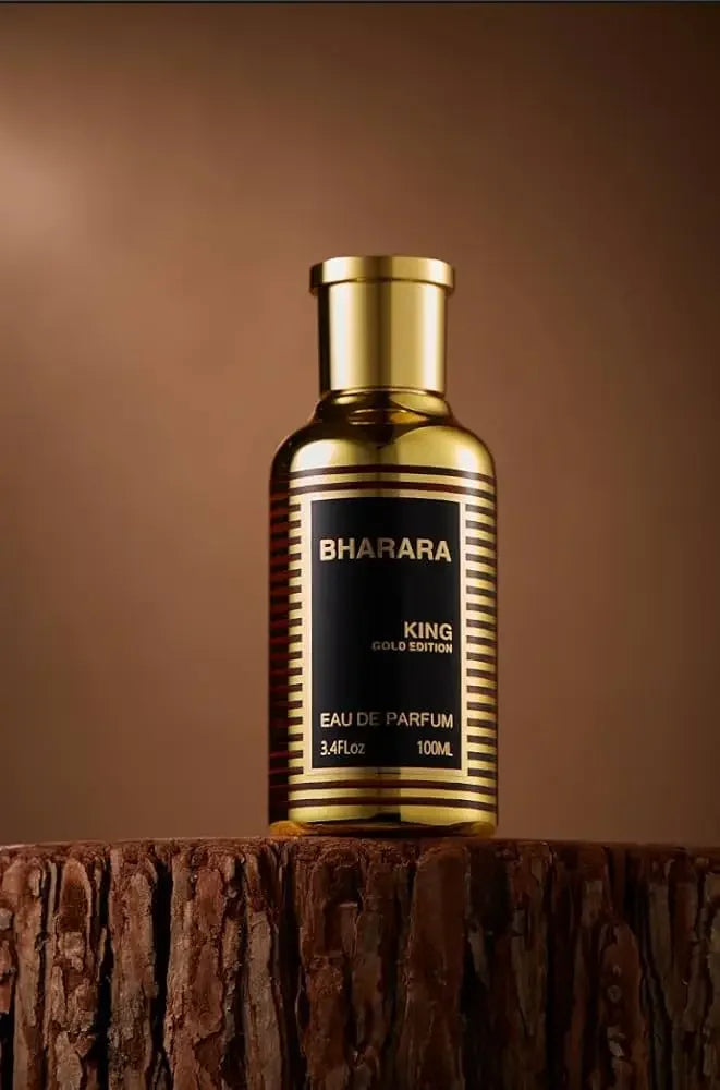 Unisex Bharara King Gold Edition Eau de Parfum 100ml bottle with gold accents, showcasing elegant design and luxurious fragrance.