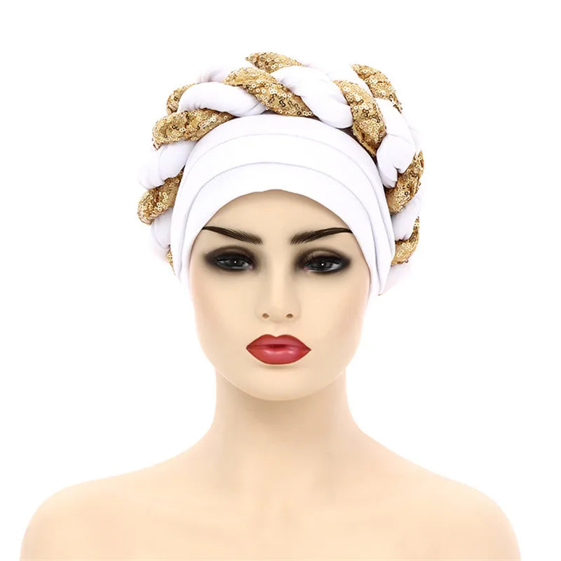 Sequins Braid Turban Cap for women African autogele Headtie