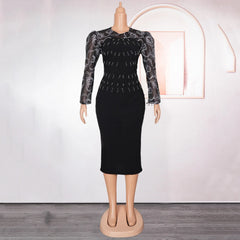 Elegant Bodycon Dresses for Women O Neck Full Sleeve Diamond Beaded Sheath Package Hips Mid Calf Professional Work Dress Midi OL
