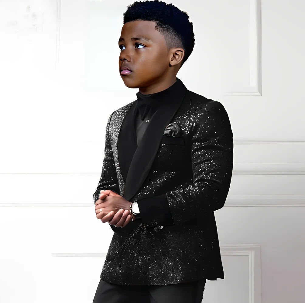 Sequin boys suit 2-piece set with double-breasted blazer and matching pants, stylish kids tuxedo outfit for special occasions.