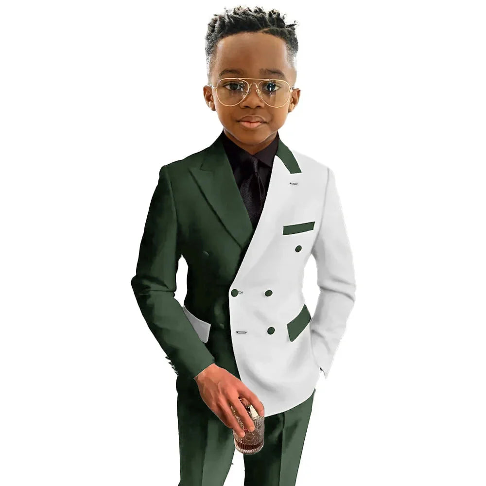SHOWLU boys double-breasted wedding tuxedo suit in cotton wool fabric, featuring a stylish formal jacket and matching trousers.