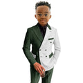 Boy's fashion wedding tuxedo set with pointed collar blazer and matching pants, stylish double-breasted jacket for special occasions.