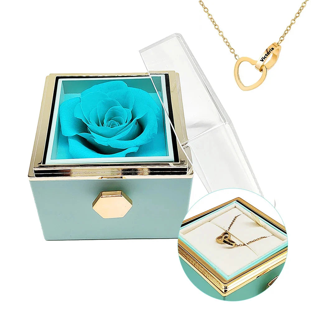 Interlocking heart necklace with engraved design and eternal rose in a decorative box, from Showlu Fashion Store.