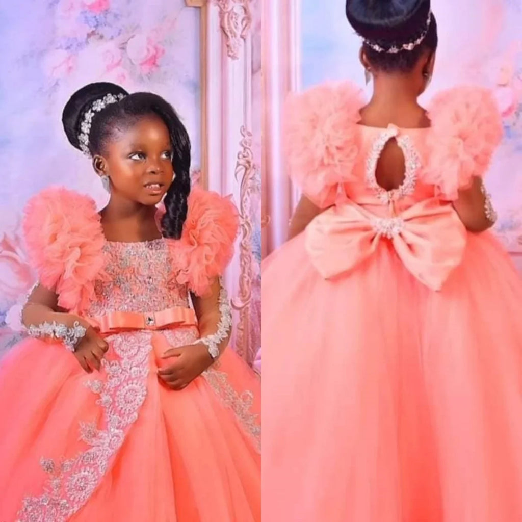 Peach pink lace flower girl birthday dress for baby girls by 1170uf-he, with floral details and a soft, elegant design.
