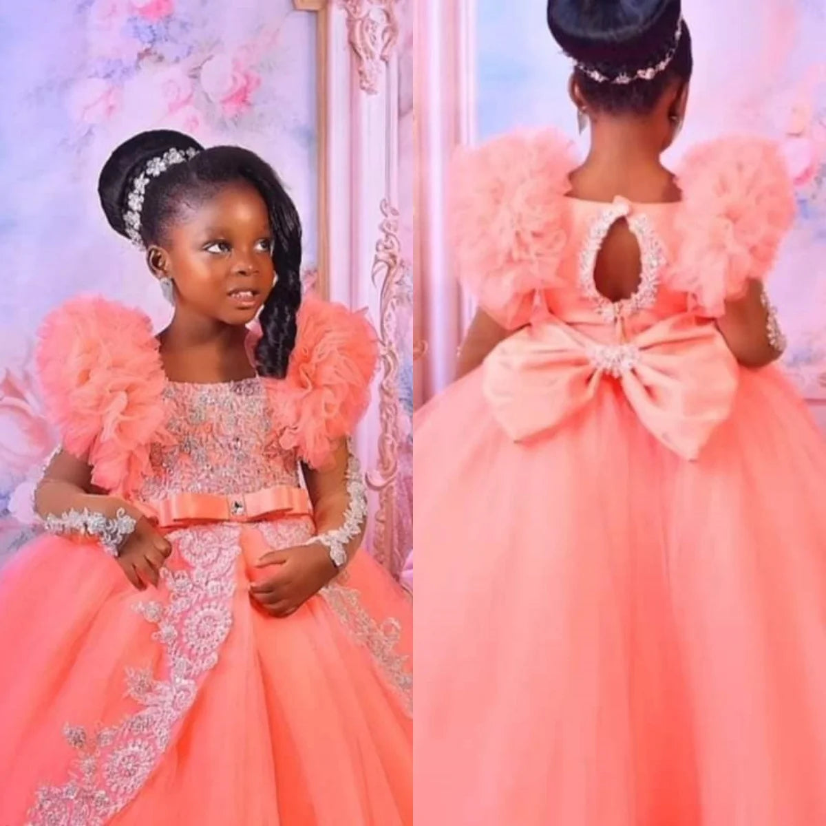 Peach pink lace appliqued baby girl birthday party gown with tulle skirt and satin bow, by 1170uf-he.