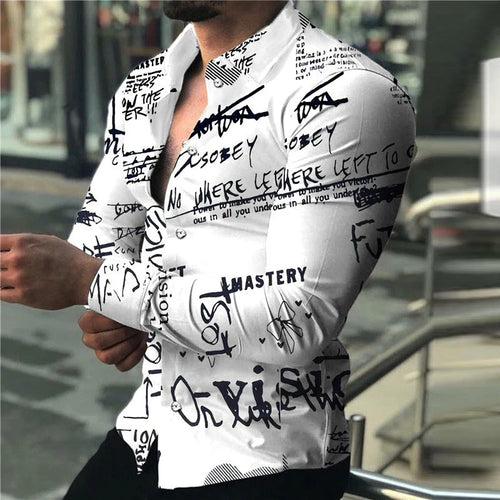 Men's 7-color long-sleeved Hawaiian shirt with 3D letter pattern, loose fit, spring style, available in 6XL size.