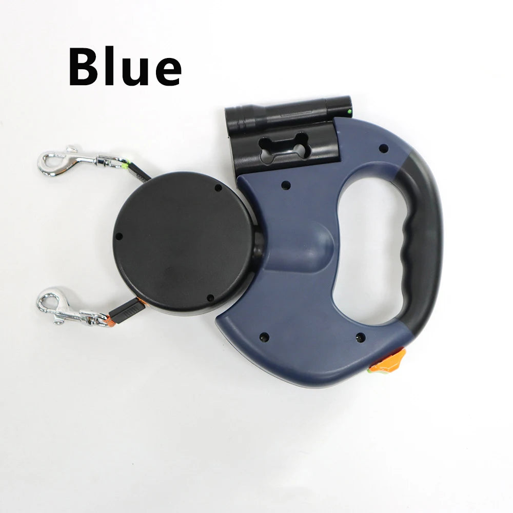 Showlu Double Dog Leash with 3m retractable dual ropes and LED flashlight, designed for walking two dogs comfortably.