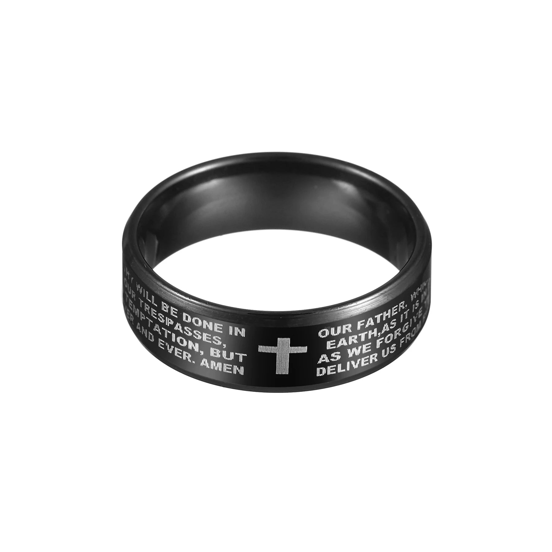 Utag Men's 8mm black stainless steel Bible prayer Jesus cross ring with engraved religious design