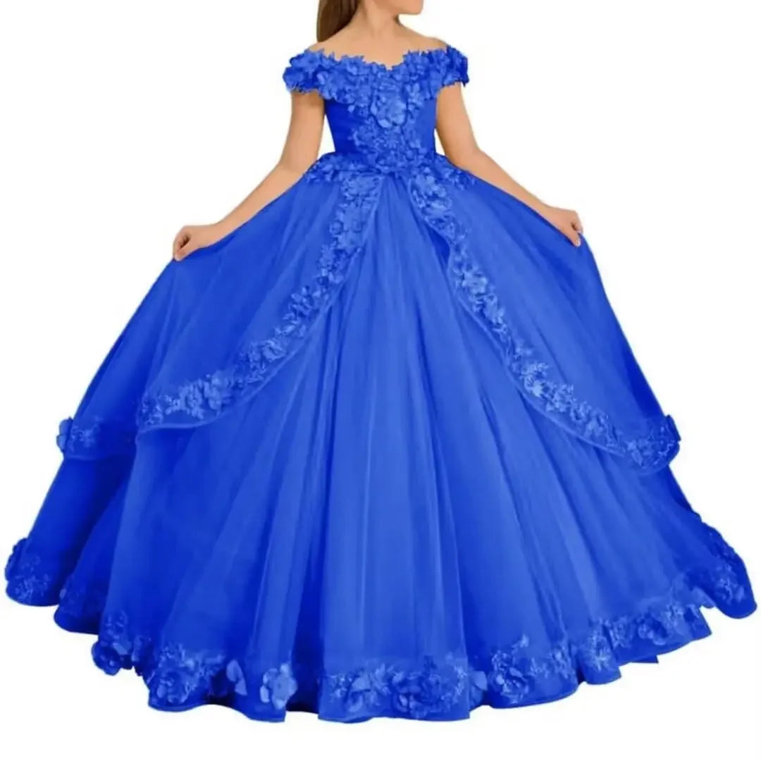 Yellow flower girl dress by Showlu Fashion with beading, appliqué details, suitable for pageants, birthdays, first communion, and prom.