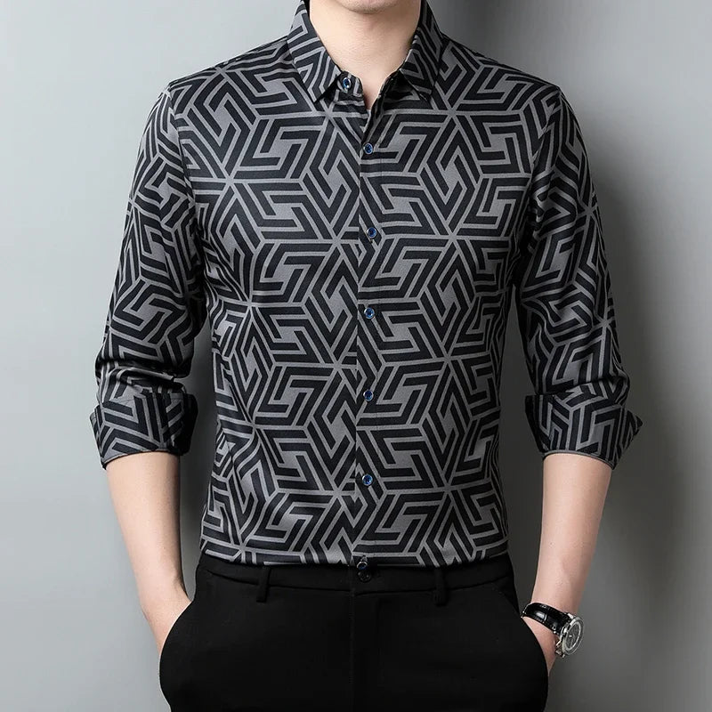 Men's casual printed long sleeve lapel shirt by Showlu Fashion Store, featuring a wrinkle-free, comfortable design for spring and autumn.