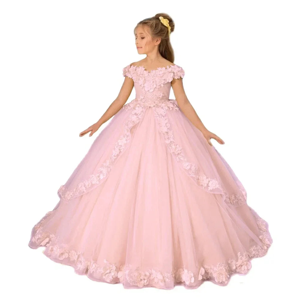 Yellow flower girl dress by Showlu Fashion with beading, appliqué details, perfect for pageants, birthdays, and first communions for girls.