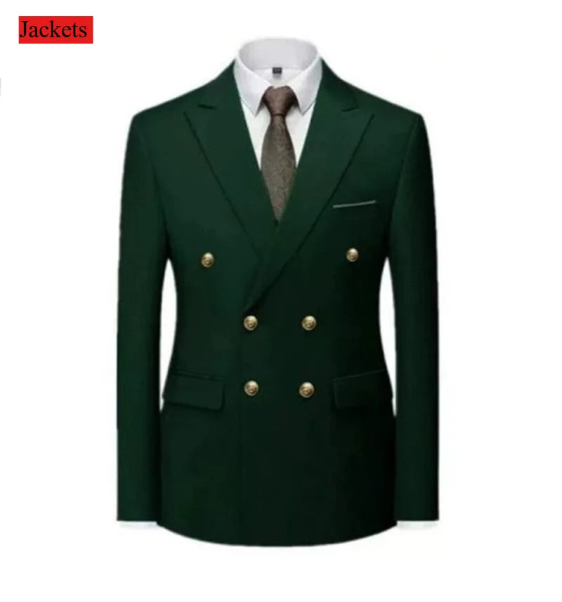 Black men’s double-breasted slim fit suit with gold buttons, high-quality wedding or party costume, from Showlu Fashion Store.