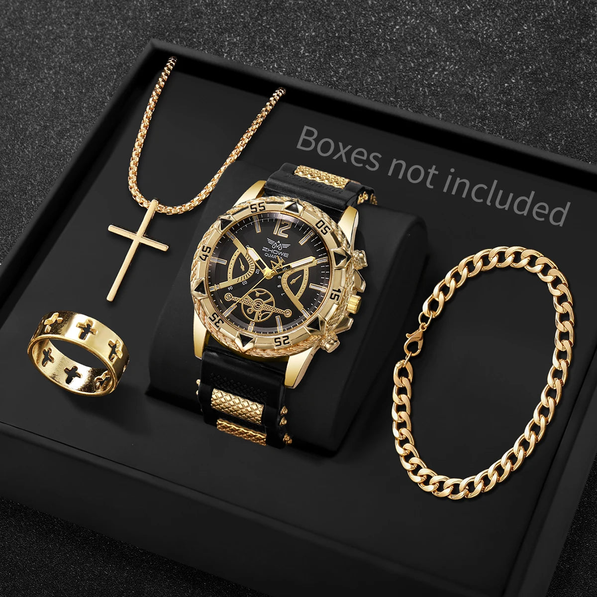 Set of 4 men's fashion Arabic dial quartz wristwatches with silicone straps and matching necklaces from Showlu Fashion Store.