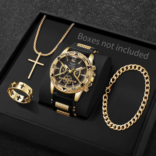 Set of 4 men's fashion Arabic dial quartz wristwatches with silicone straps and matching necklaces from Showlu Fashion Store.