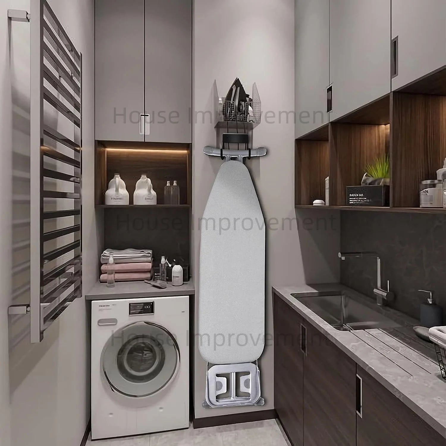 Showlu Smart General wall-mounted ironing board hook attached to a wall, holding an ironing board in a modern home setting.