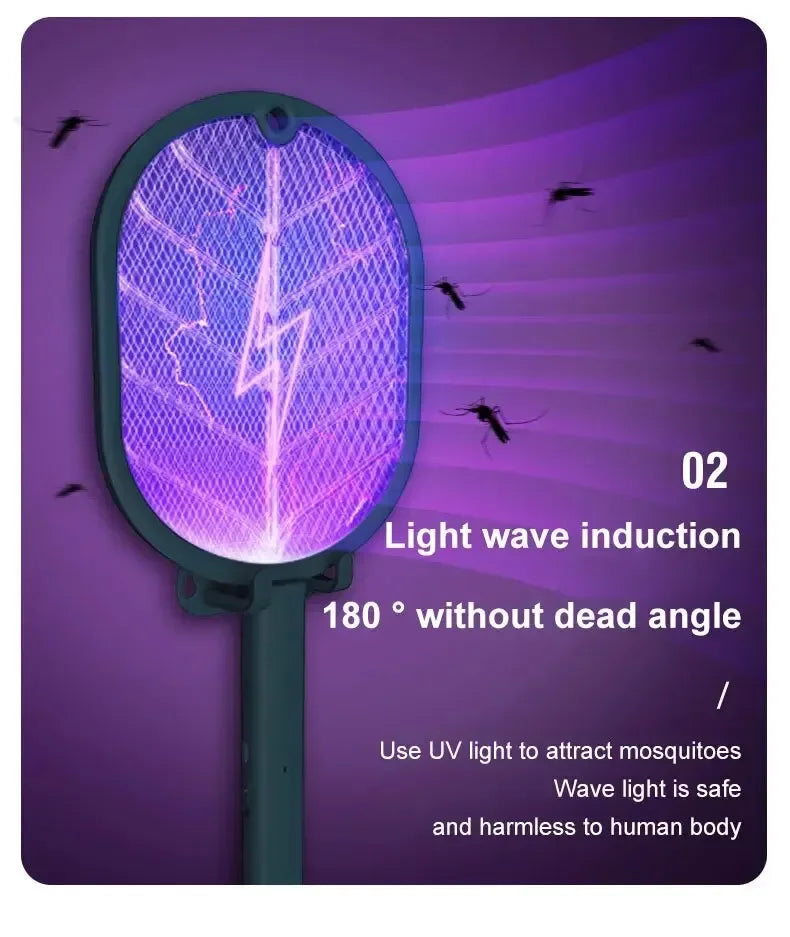 Showlu Smart General USB rechargeable electric mosquito swatter racket with black handle and mesh net for bug zapping.