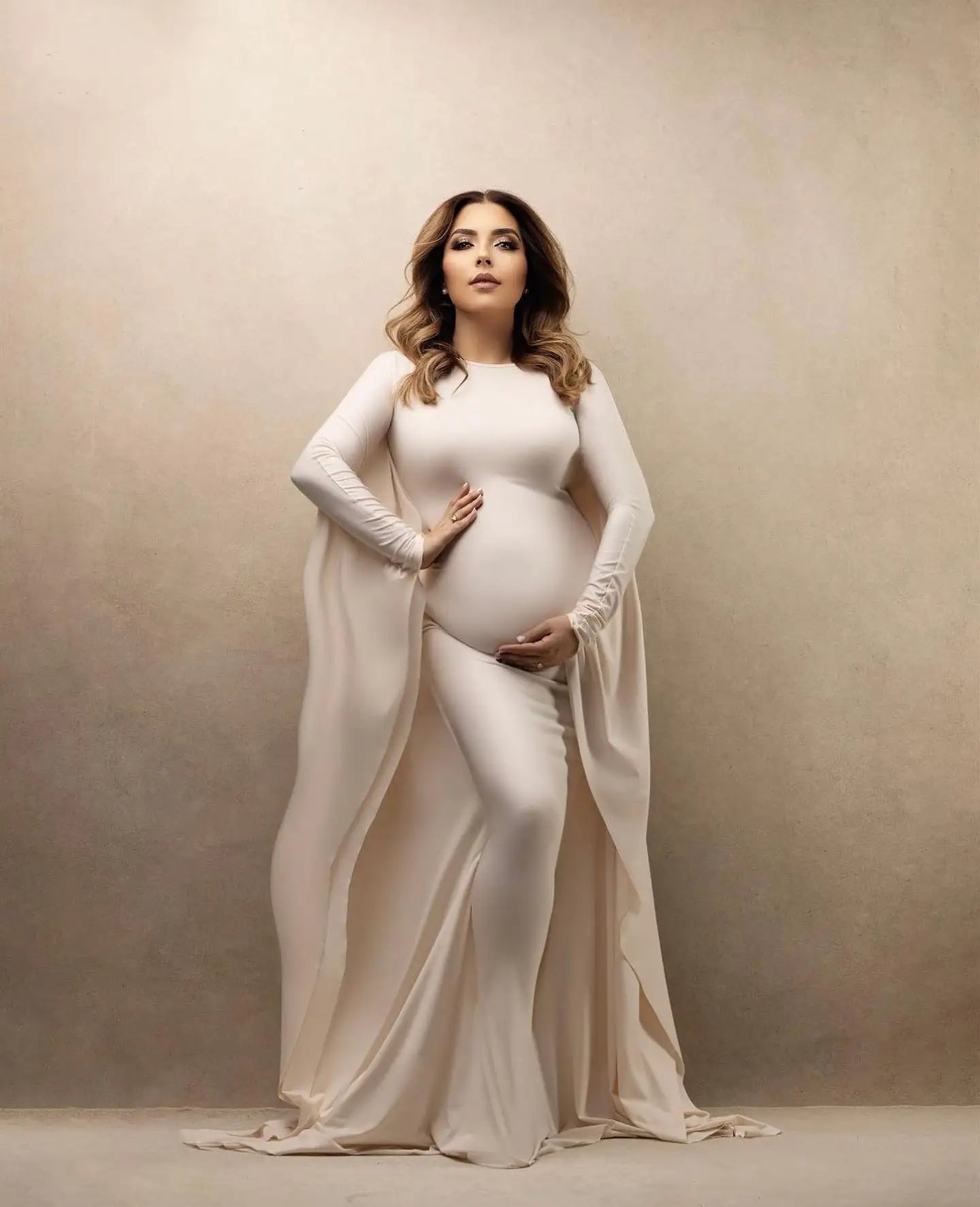 Showlu maternity lace boat neck bohemian gown, elegant maternity photography dress with flowing fabric and intricate lace details.