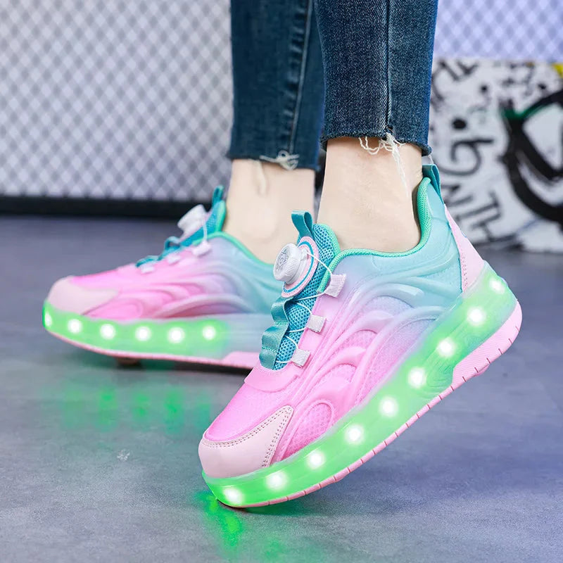 Showlu Kids LED roller skate shoes with luminous lights, USB charging, colorful sneakers designed for children to wear and skate.