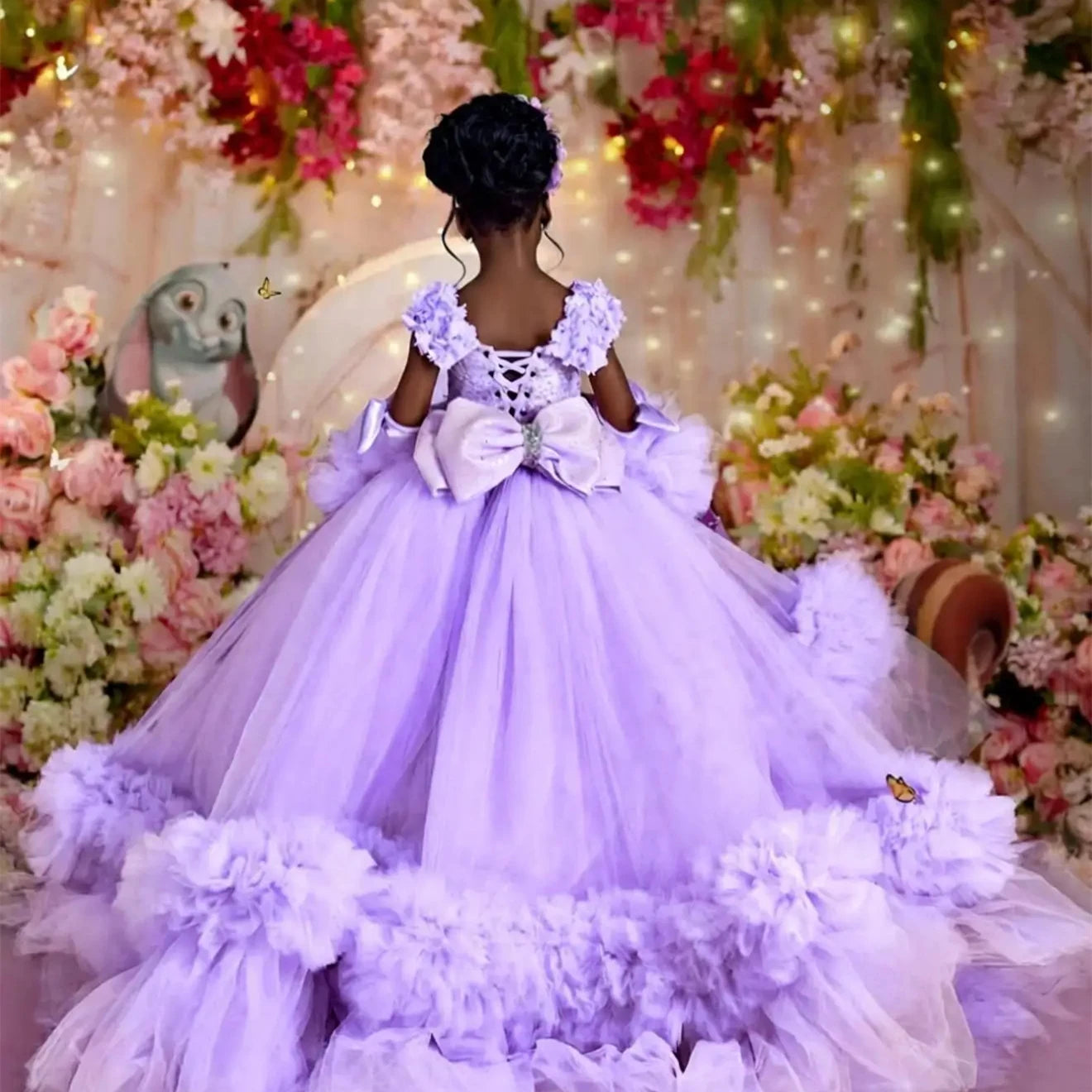 Customized Pink Flower Girl Dress For Wedding Glitter Bow Sleeveless Tiered Floor Length Kids Birthday First Communion Gown