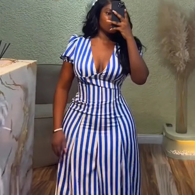 Women’s striped printed V-neck dress by Showlu Fashion, short sleeve, slim fit, vintage summer dress for casual vacation wear.
