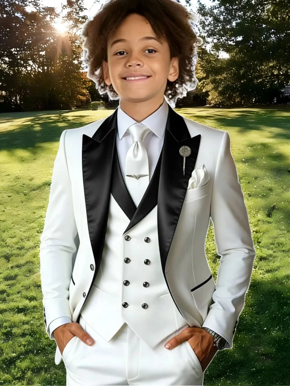Kids suit set by Showlu Smart General featuring a classic peak lapel, three-piece design, suitable for stage performances and school activities.