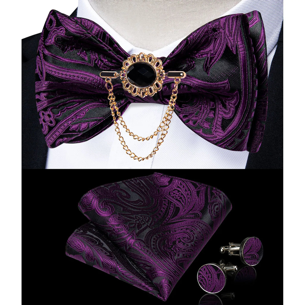 DiBanGu men's pink solid bow tie set with pocket square and cufflinks, perfect for wedding attire and formal occasions.