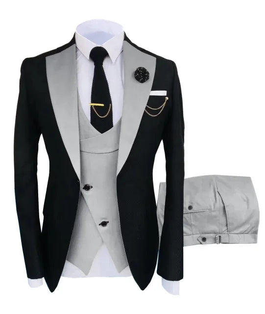 Showlu Smart General men's slim fit black business suit with tuxedo jacket, pants, and vest for formal weddings and events.