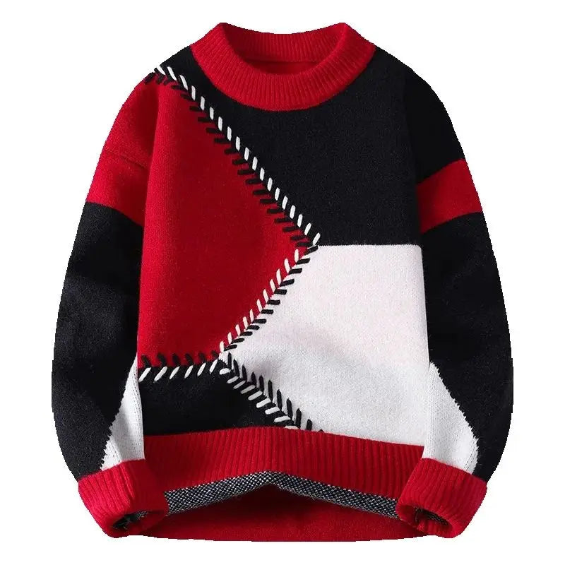 Men's chunky knit pullover sweater with patchwork design, O-neck style, warm and casual, ideal for autumn and winter fashion.