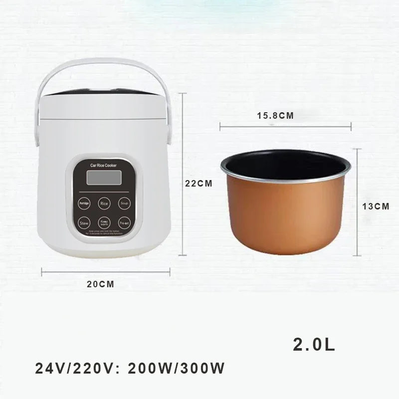 Mini electric rice cooker from Showlu Smart General, 2L capacity, portable design with 200W power, shown with cooking lid and control panel.