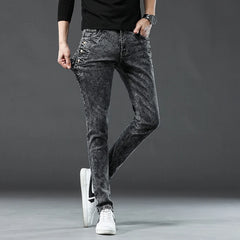 Classic Slim Vintage Fashion Men's Designer Jeans Snowflake Grey Wash Korean Fashion Stretch Pants Multi-button Denim Trousers