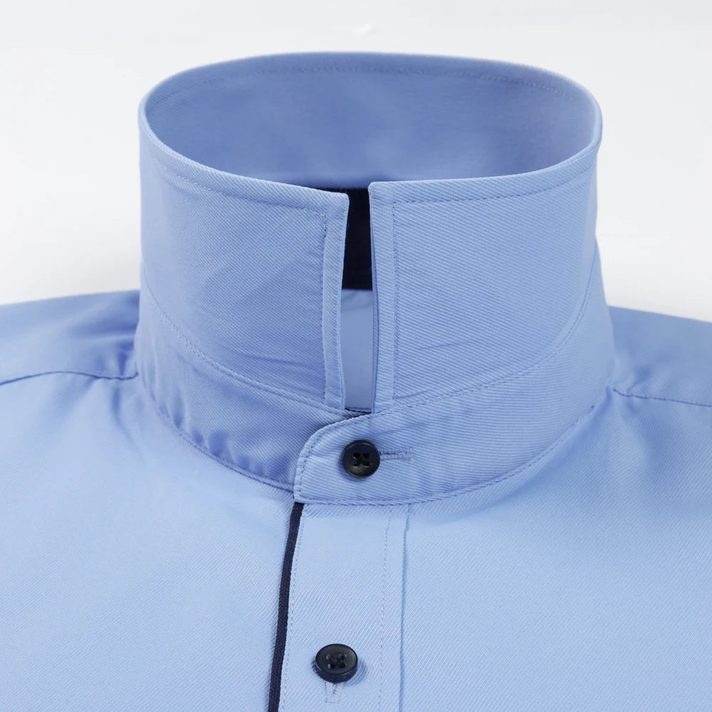 Men's classic contrast stitching dress shirt with front placket, long sleeves, and standard fit, ideal for business or semi-formal wear.