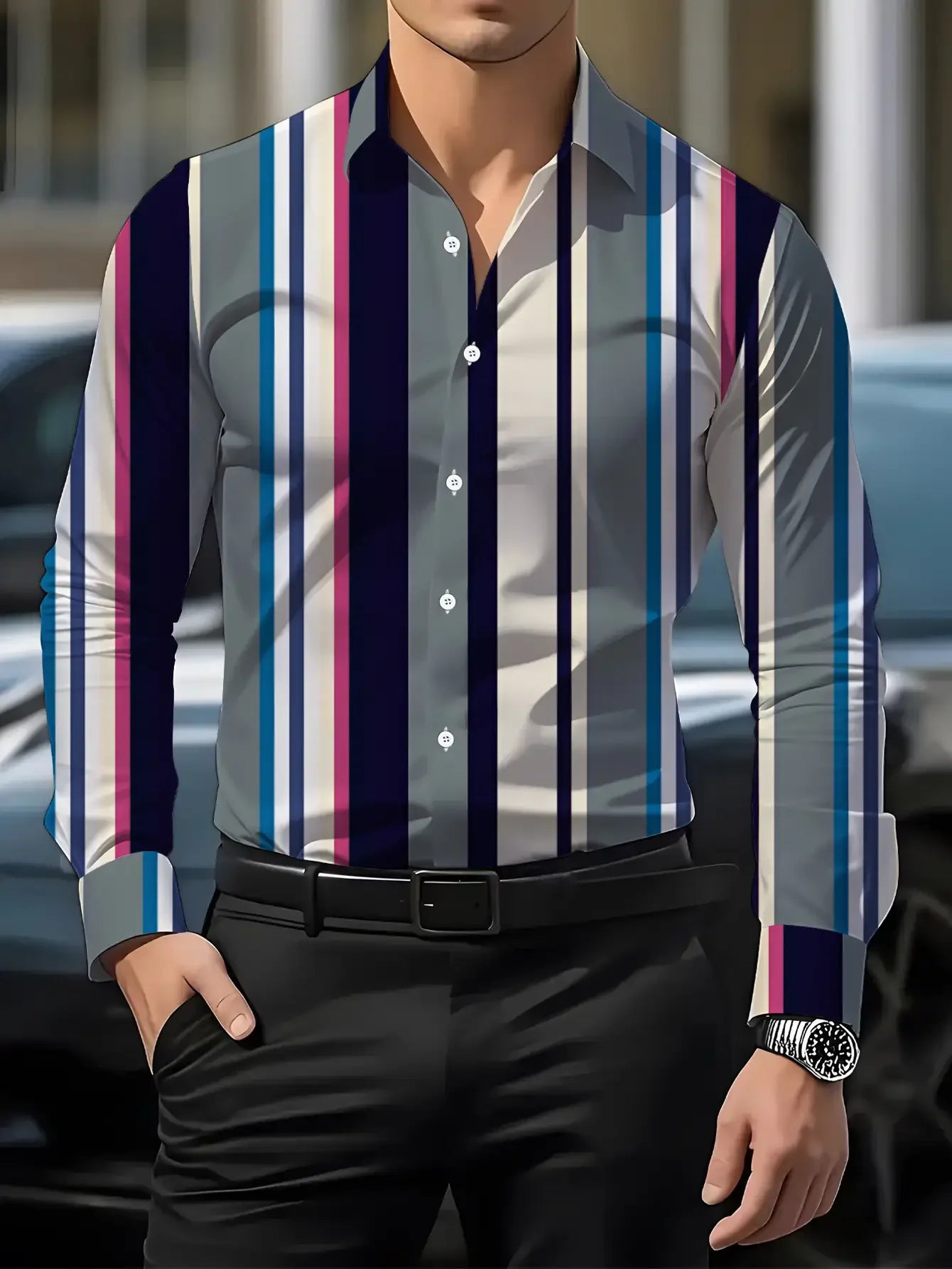 Showlu men's vertical striped long sleeve casual shirt with polyester fabric, featuring a stylish print and classic collar.