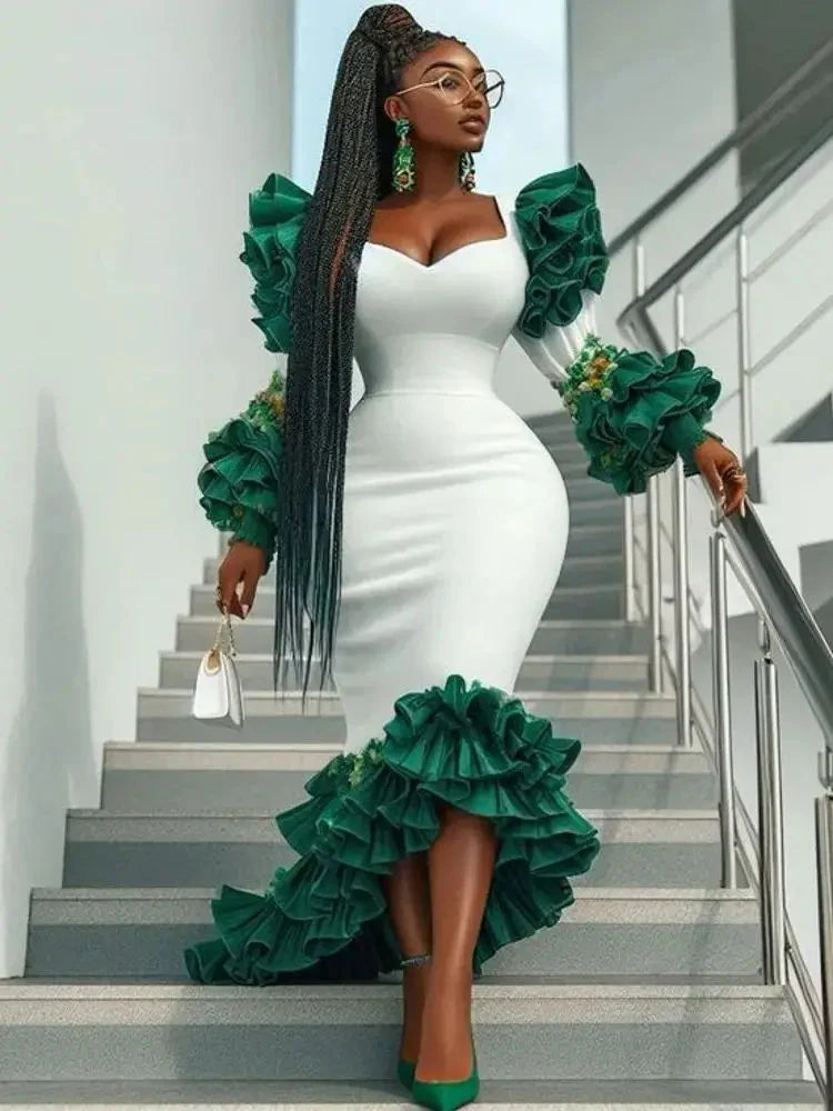 African floral maxi gown by SHOWLU FASHION STORE featuring asymmetrical ruffle design and elegant party dress style.