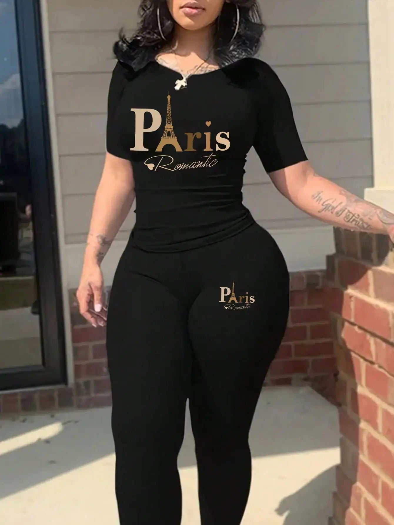 2026 Women's New Paris Printed Two-Piece Set, Casual Short-Sleeved Round Neck T-Shirt and Tight Pants Long Pants Set