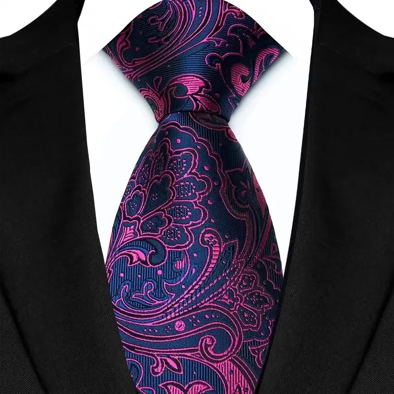 Elegant men's purple necktie with floral plaid and stripe pattern, made of jacquard woven fabric for business or wedding occasions.