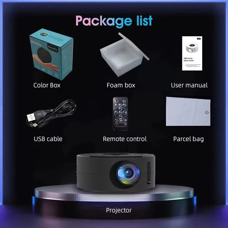 Showlu Smart General Smartphone Mini Projector displaying a projected image on a wall, portable compact design with lens and controls visible.