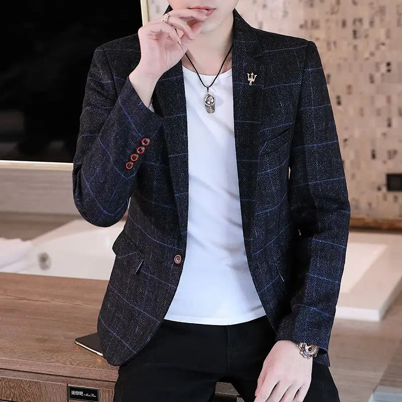 Men's slim fit striped plaid blazer by SHOWLU FASHION STORE, casual Korean style jacket with tailored fit and stylish pattern.