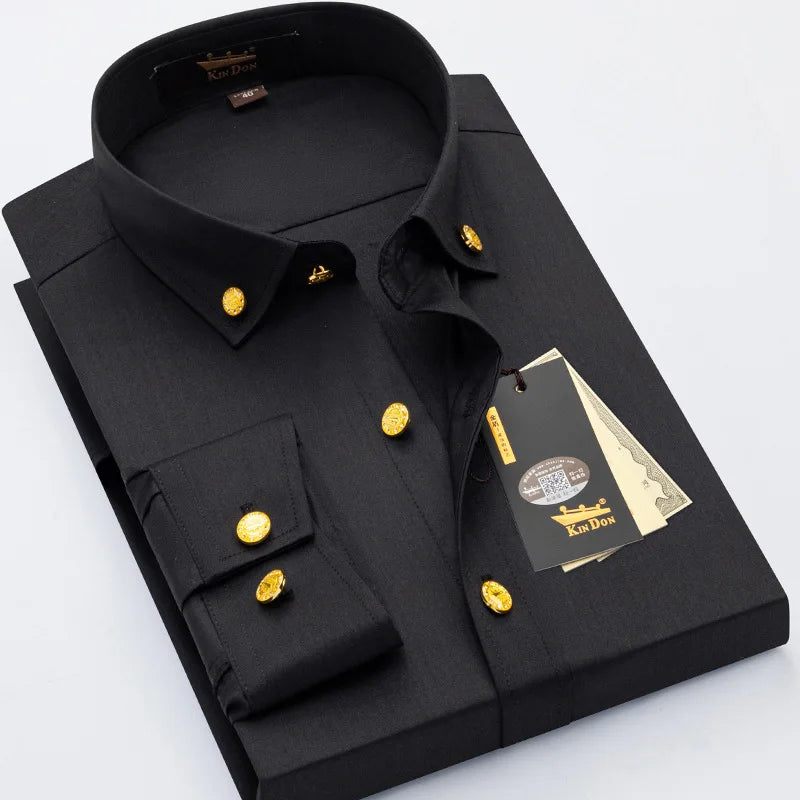 Men's luxury brass-button long sleeve business casual shirt from Showlu Fashion, ironing resistant, suitable for office or gifting.