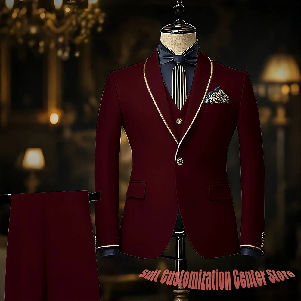 Navy blue men's suit with jacket, vest, and pants, slim fit, single-breasted, shawl lapel, suitable for wedding or prom.