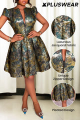 Plus Size Party Green V Neck Zipper Jacquard Mini Dresses
