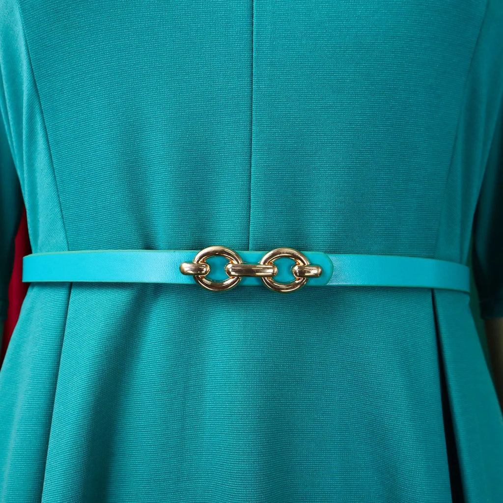 Elegant office dress for women with V-neck, half sleeves, belt, and pleated mid-calf length, ideal for professional workwear.