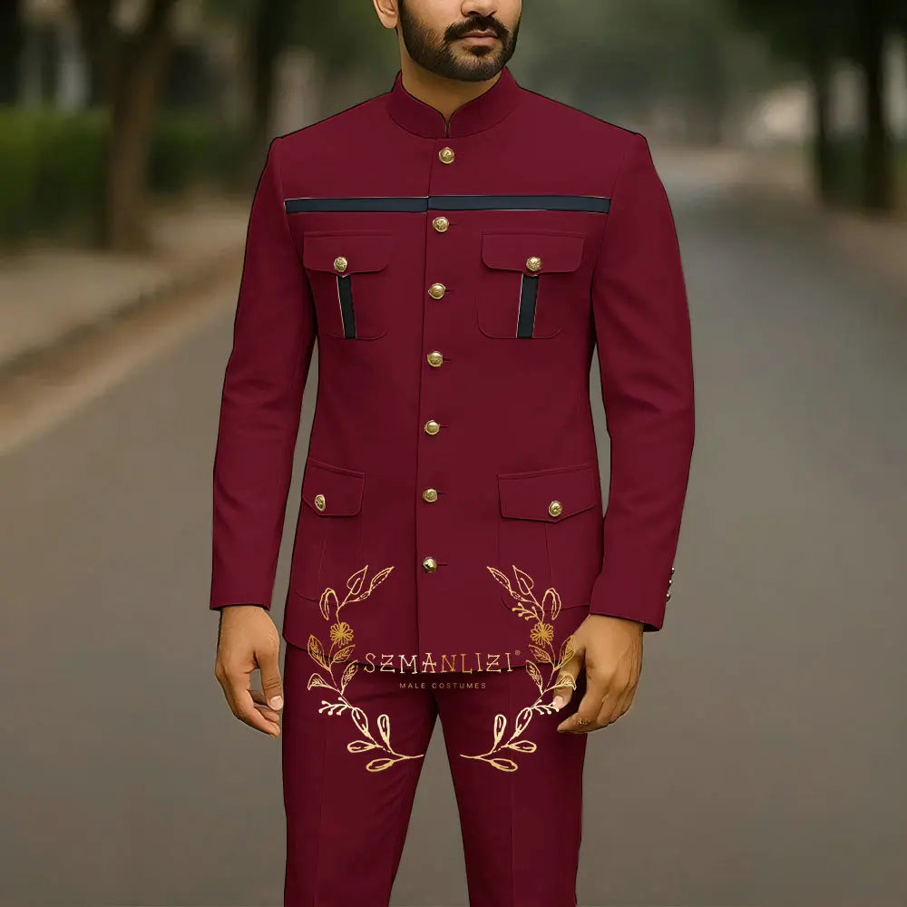 White men's business suit with stand collar, single-breasted jacket and matching pants, perfect for formal occasions and weddings.
