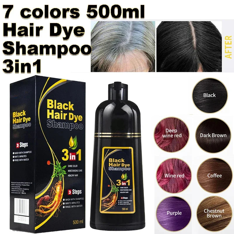 Meidu 3-in-1 instant hair dye shampoo by SHOWLU FASHION STORE, natural herbal color, 500ml bottle with hair application.