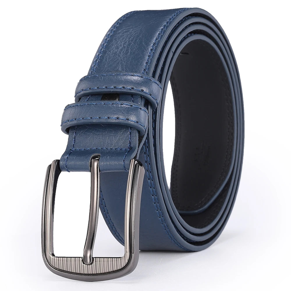 Showlu men's split leather belt with casual cowhide design and pin buckle, showcasing the sturdy, stylish accessory.
