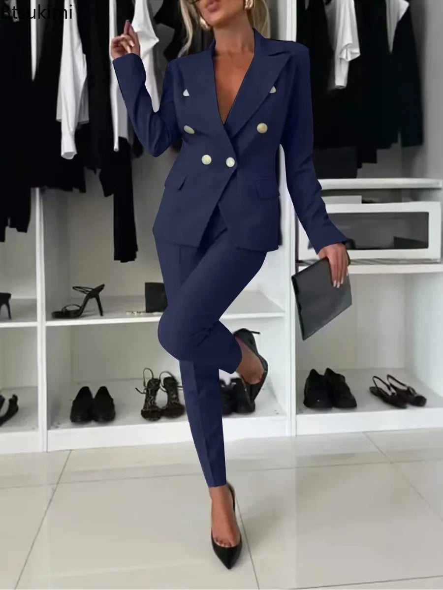 2025 Women's Lapel Button Coat Jacket + Pencil Pants Suit Sets Elegant Business Office 2PCS Set Female Slim Blazer Outfits Sets