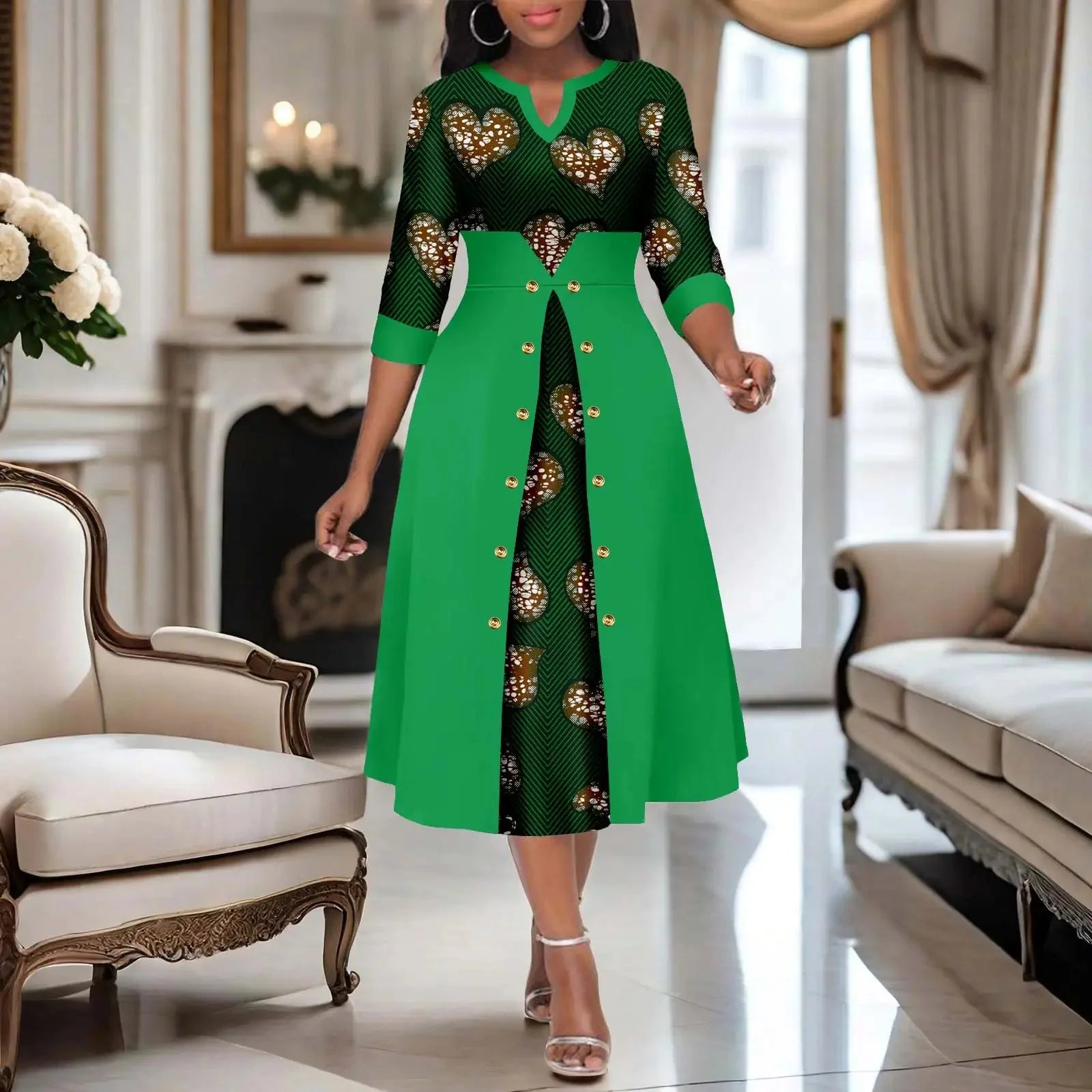 AFRIPRIDE women's Ankara print V-neck cotton A-line midi dress with colorful geometric patterns and a fitted waist.